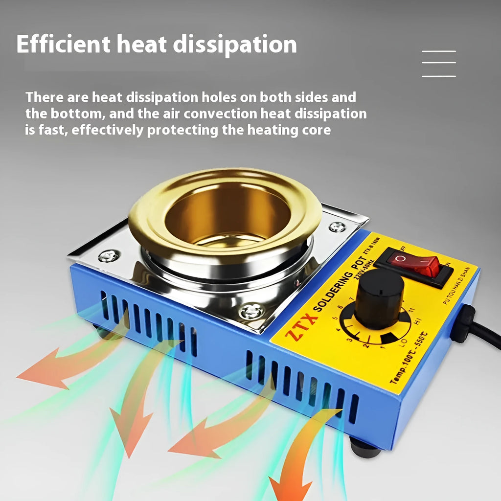 Adjustable temperature tin melting furnace on desktop with temperature control dial