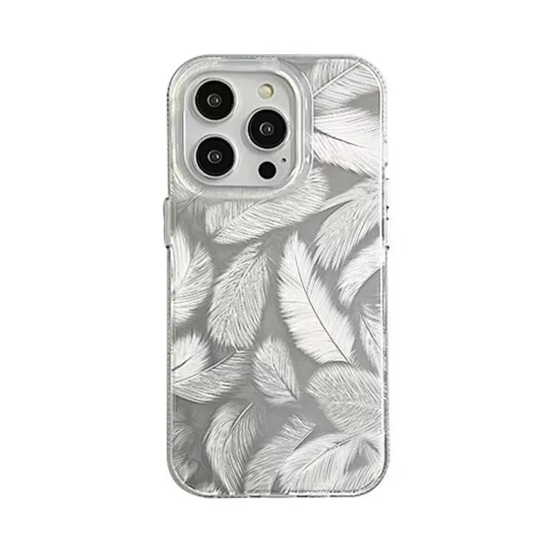 Feather pattern gradient TPU phone case in Silver Gray for iPhone, showing three-dimensional relief texture