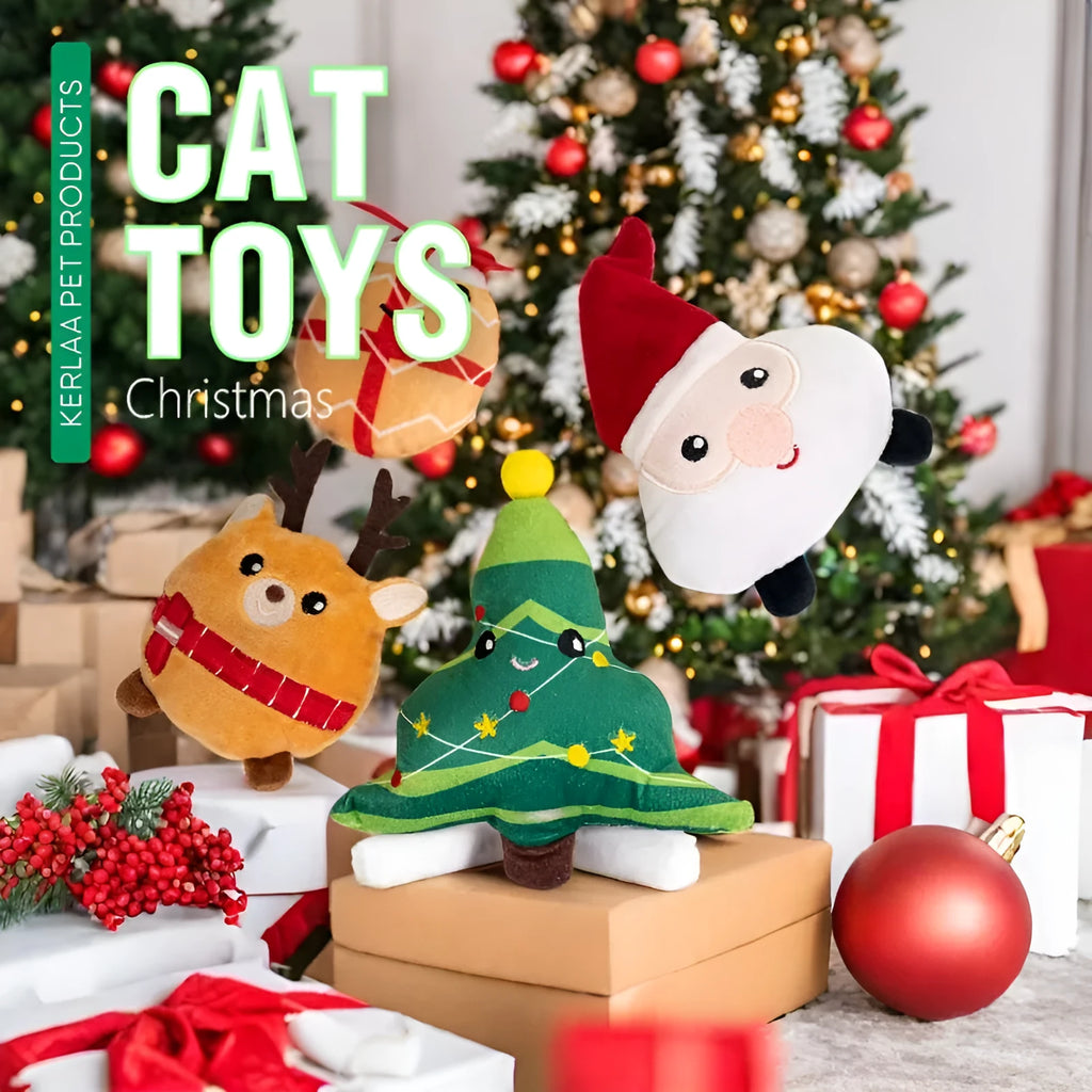 Christmas cat plush toy with catnip in festive designs including Santa Claus, Christmas Elk, Christmas Tree and Smiling Face Egg