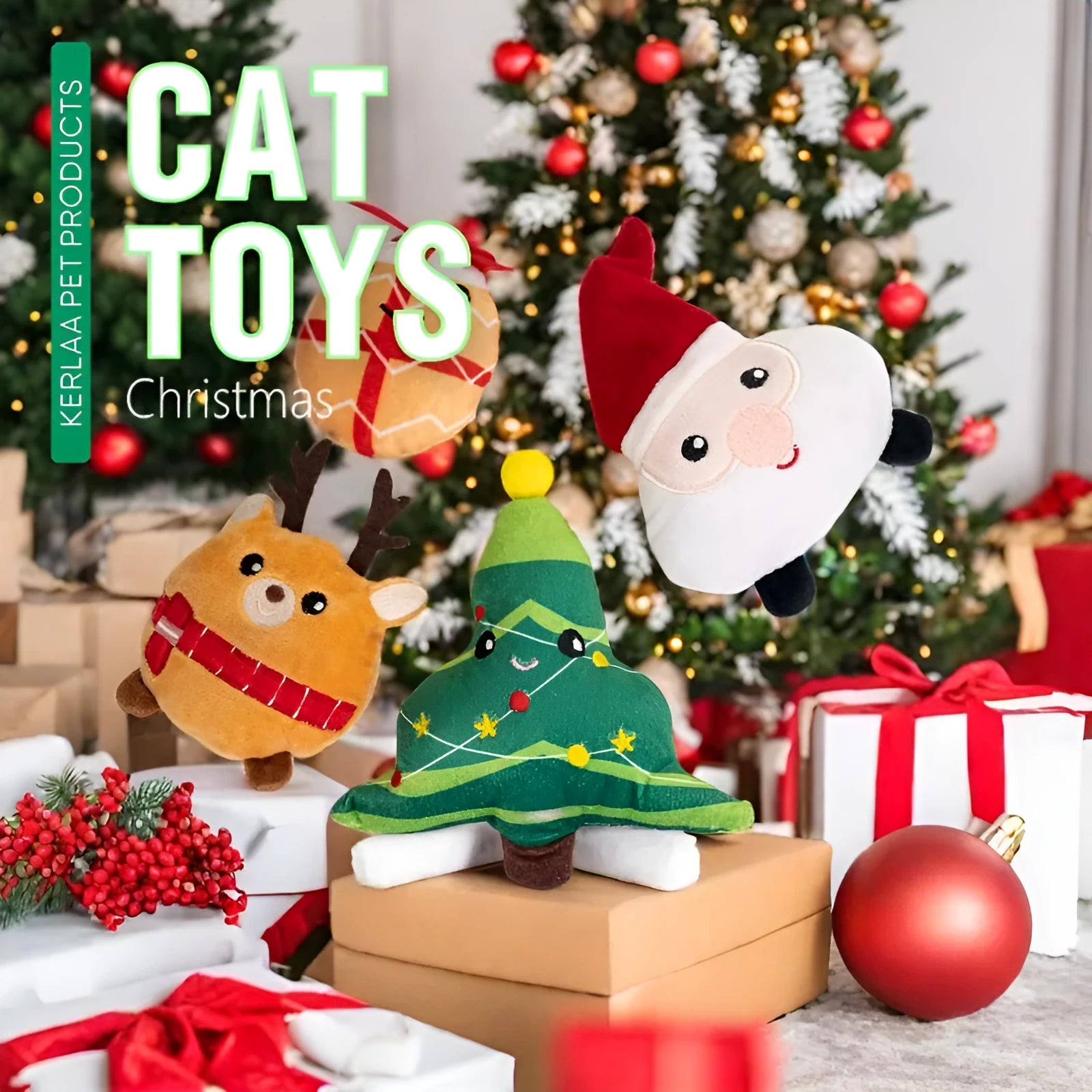 Christmas cat plush toy with catnip in festive designs including Santa Claus, Christmas Elk, Christmas Tree and Smiling Face Egg