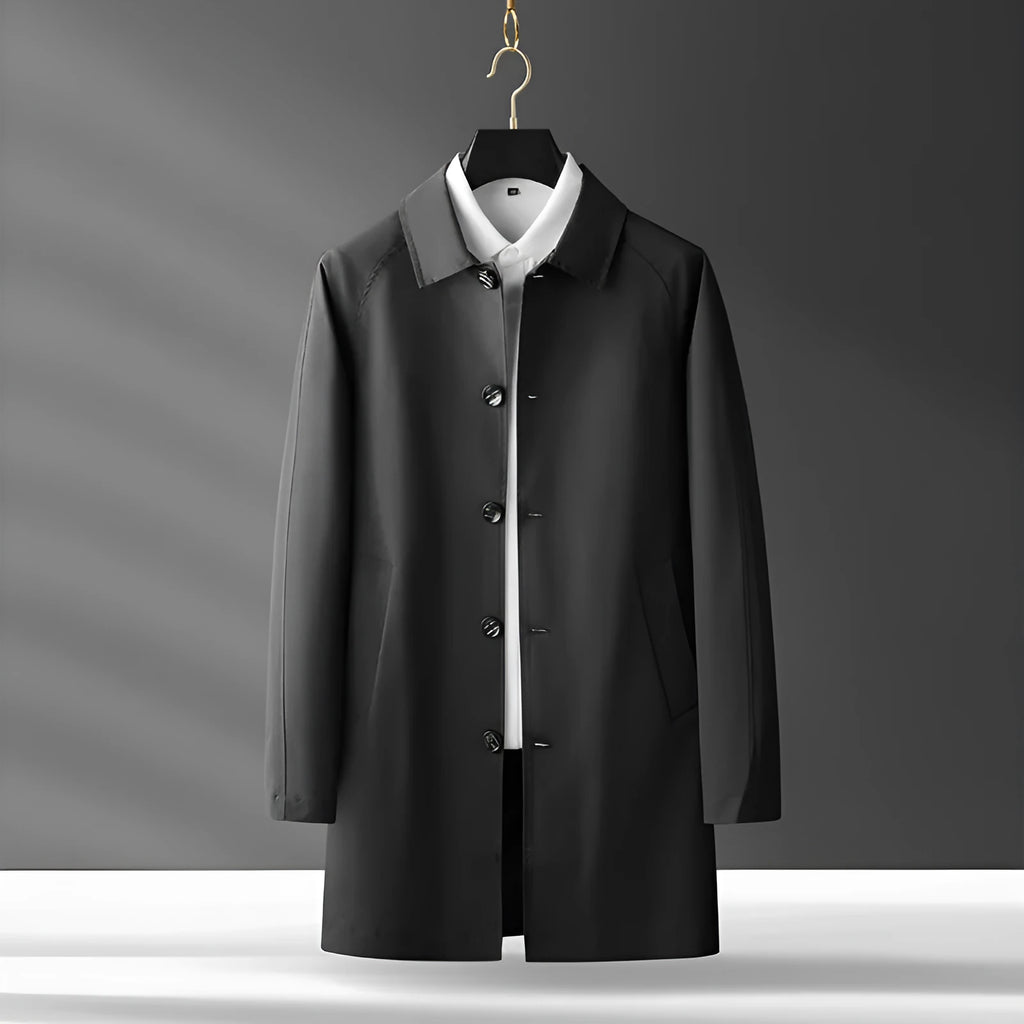 Men's lightweight Korean style trench coat in khaki, modal polyester blend, full-length casual overcoat front view