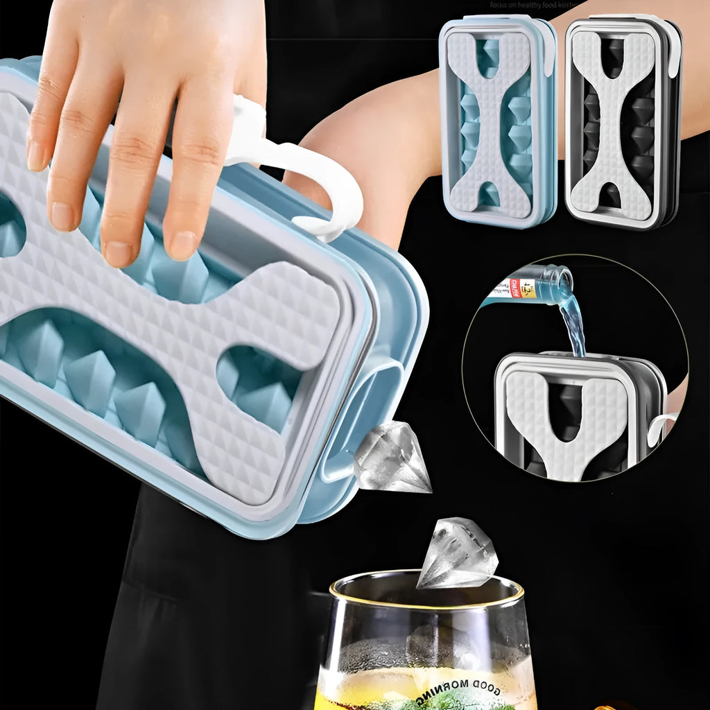 Portable silicone ice ball mould and water bottle in light grey, sky blue, or white, showing 2-in-1 design.