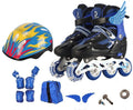 Children's adjustable PU roller skates in red with aluminium frame, shown with matching helmet, protective pads, and backpack.