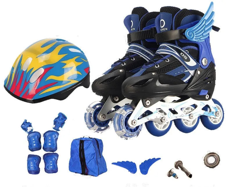 Children's adjustable PU roller skates in red with aluminium frame, shown with matching helmet, protective pads, and backpack.