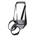 Grey neoprene dog recovery belt for rear leg injury support with sizing chart