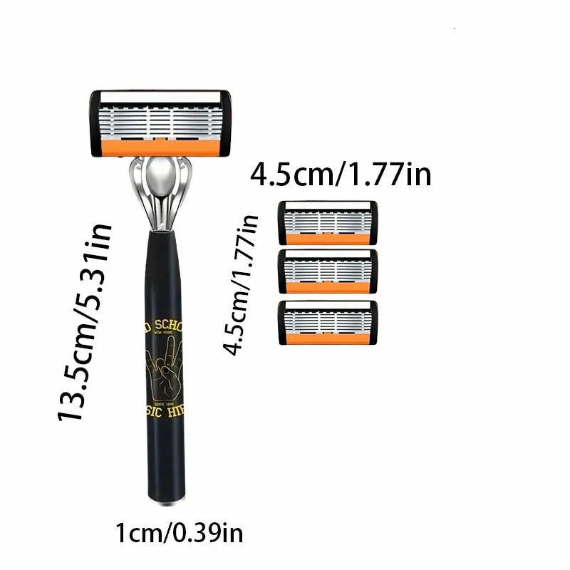 Black six-layer finger-type handle for a manual shaver cutter head with assorted blade rests.