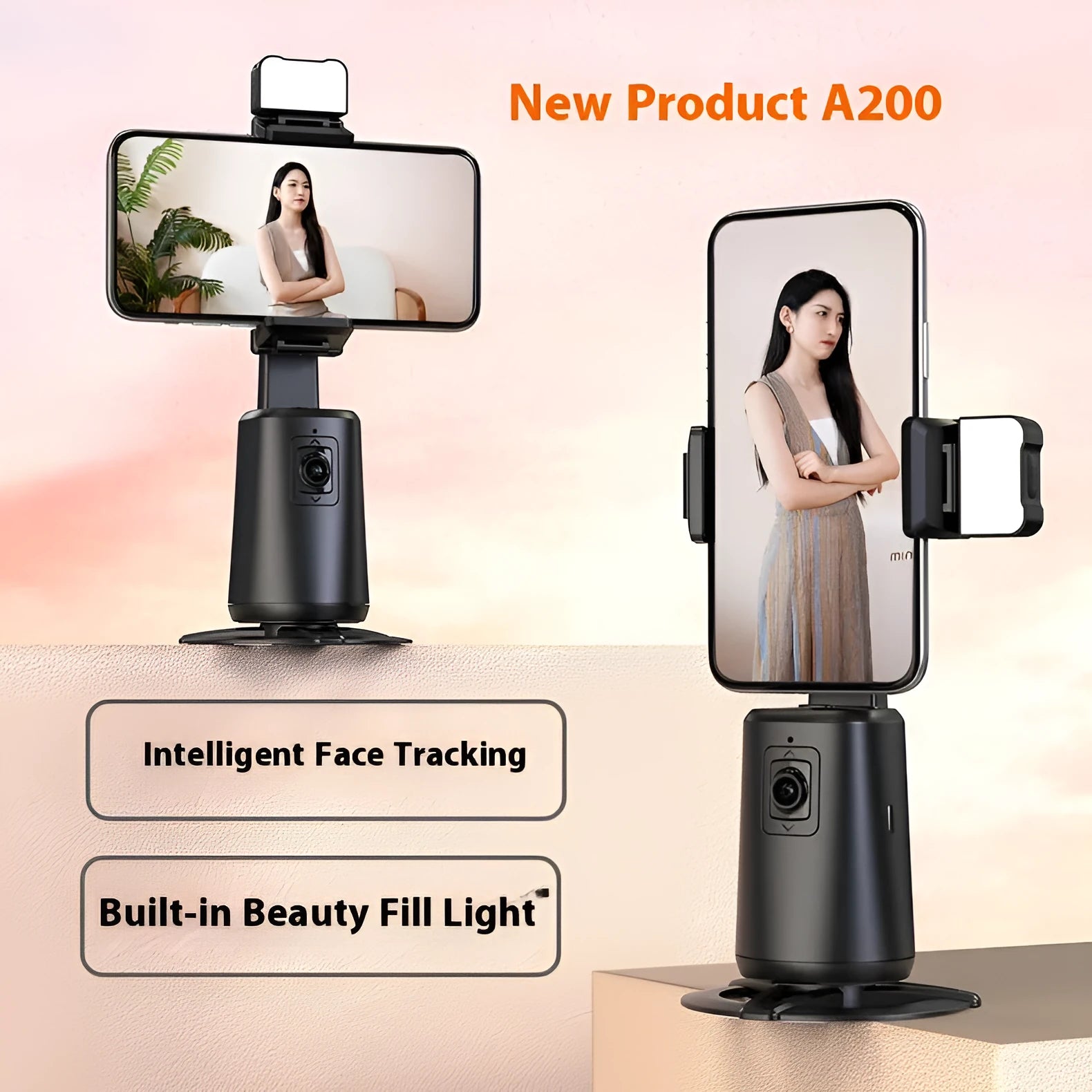 Black desktop camera bracket with face tracking, motorised rotation, and ribbon LED lighting for smartphones