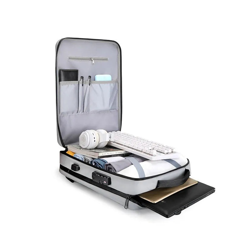 Black waterproof ABS PC business laptop backpack with curved shoulder straps and silver white accent