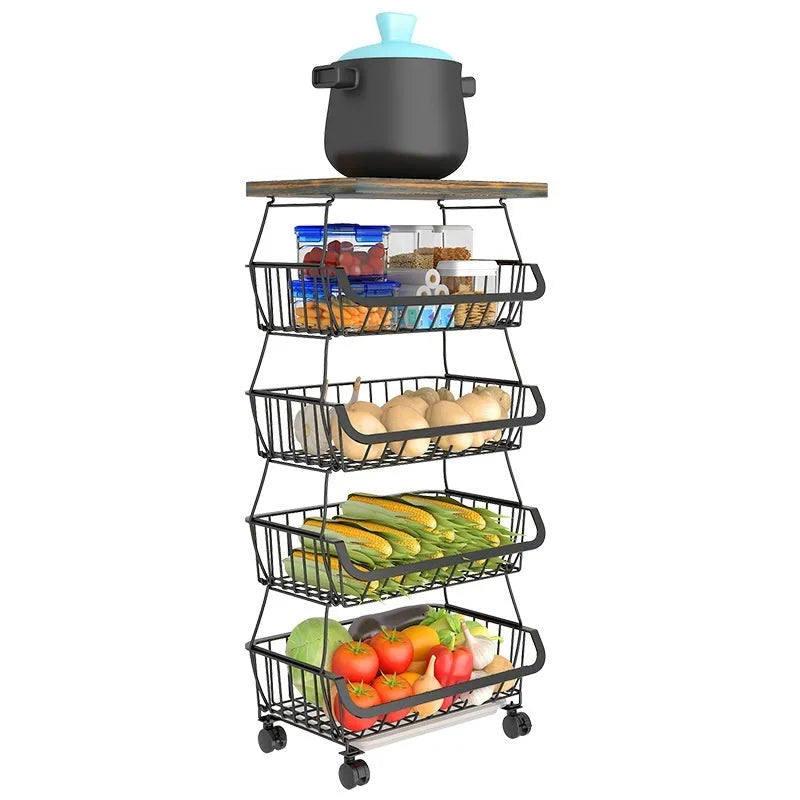 Black six layer kitchen storage trolley with foldable carbon steel frame