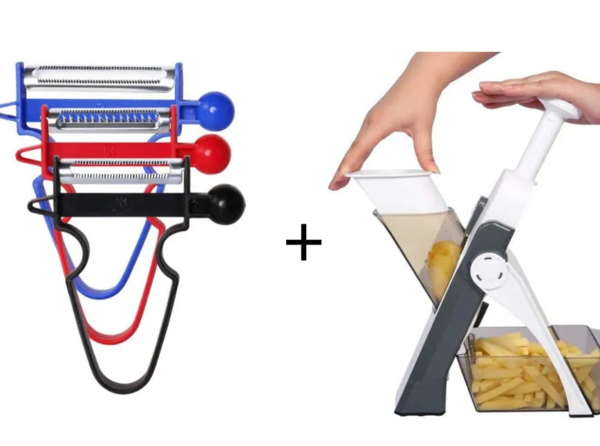 White and blue multifunctional vegetable slicer with stainless steel blades for slicing and dicing