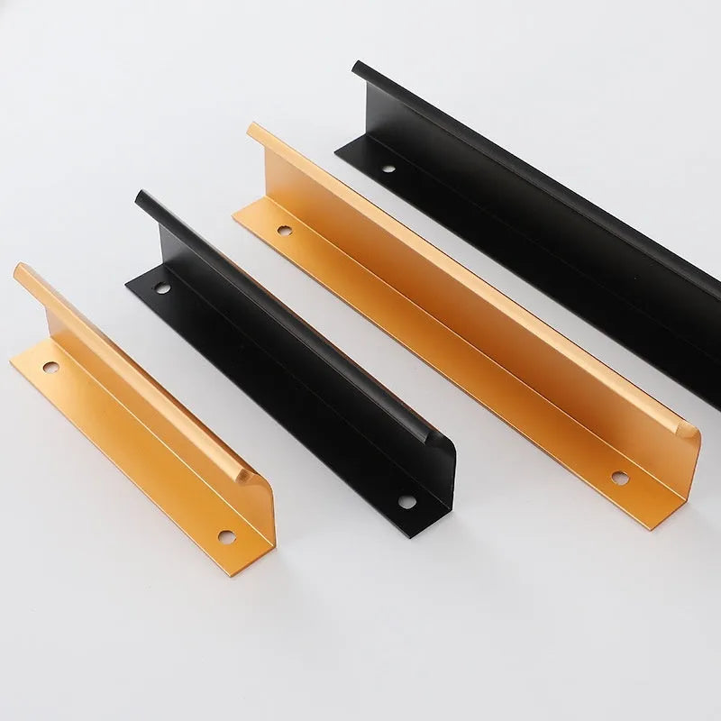 Aluminium alloy no-drill hidden cabinet handle in black finish, 200mm length, flush fit on a cabinet door
