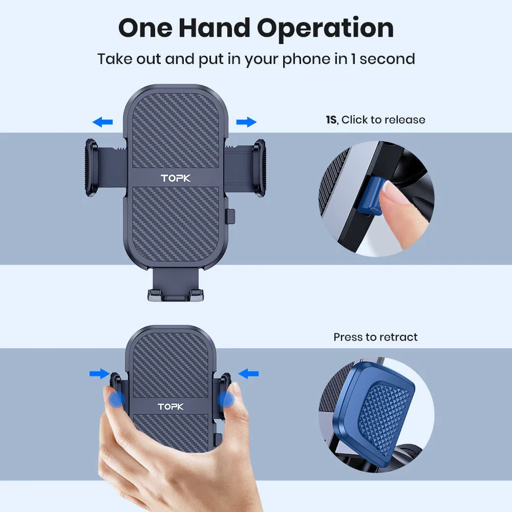 Universal car phone holder showing five different mounting bracket styles for windshield, dashboard and air vent installation.