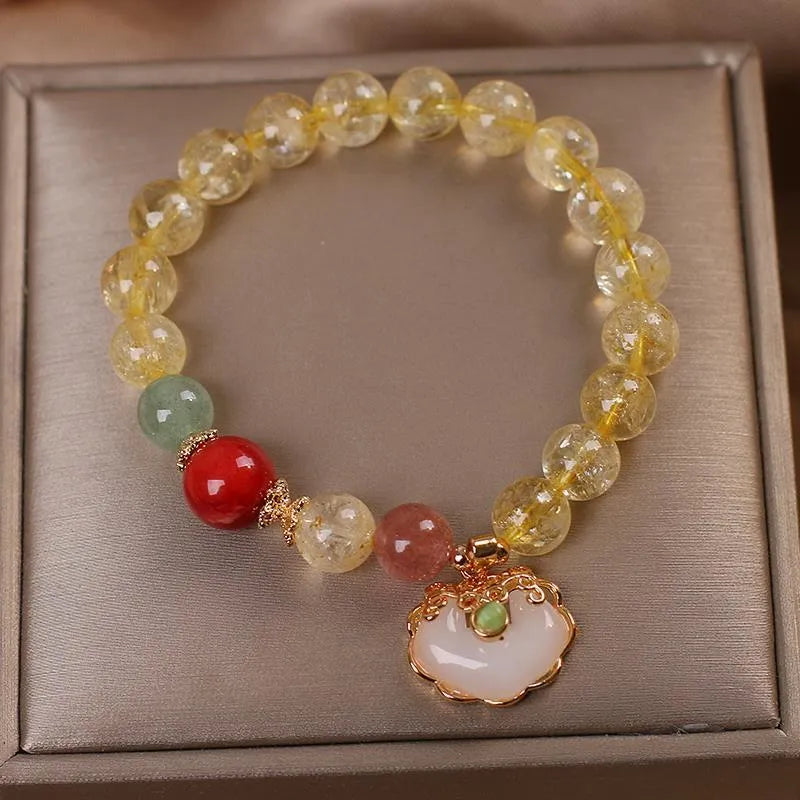 Women's bracelet with natural citrine jade ruyi pendant and yellow hair crystal ornament on adjustable alloy band