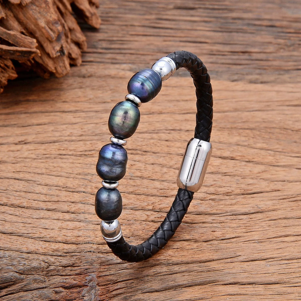 Korean style leather bracelet with irregular shaped pearls and adjustable fastening