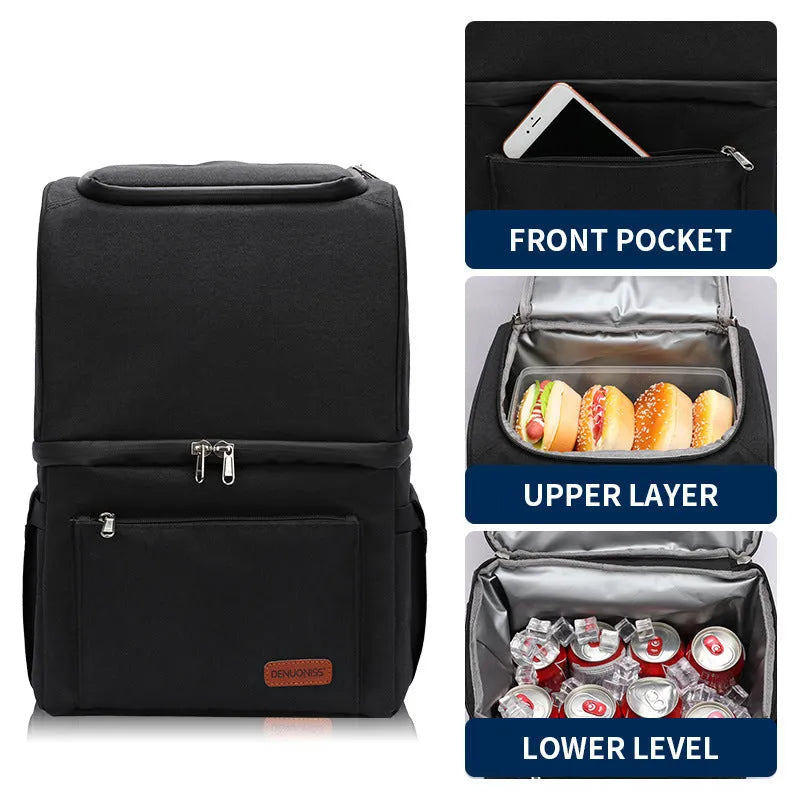 Blue double layer insulated waterproof picnic backpack with 22L capacity and ice pack compartment.
