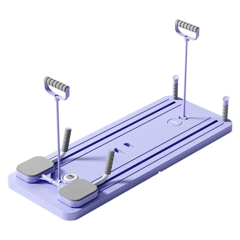 Purple automatic rebound abdominal exercise wheel on a grey floor for home fitness training.