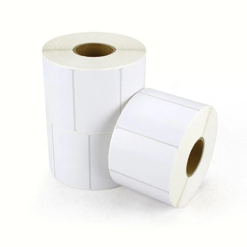 Roll of white 40x40mm thermosensitive adhesive label paper for thermal printers.