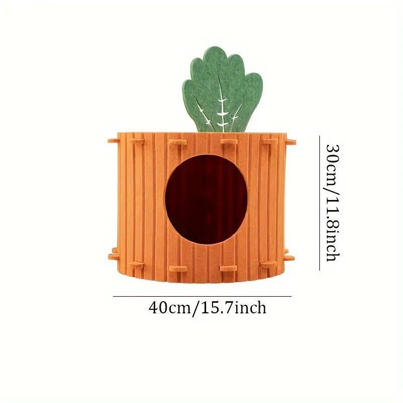 Carrot-shaped grey felt cat bed with a round tunnel entrance, shown next to a cat.