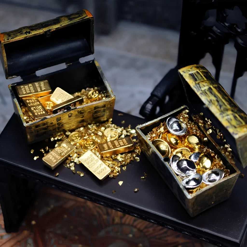 Gold coin treasure box doll house accessories mini model ornaments with alloy pieces and LED light string
