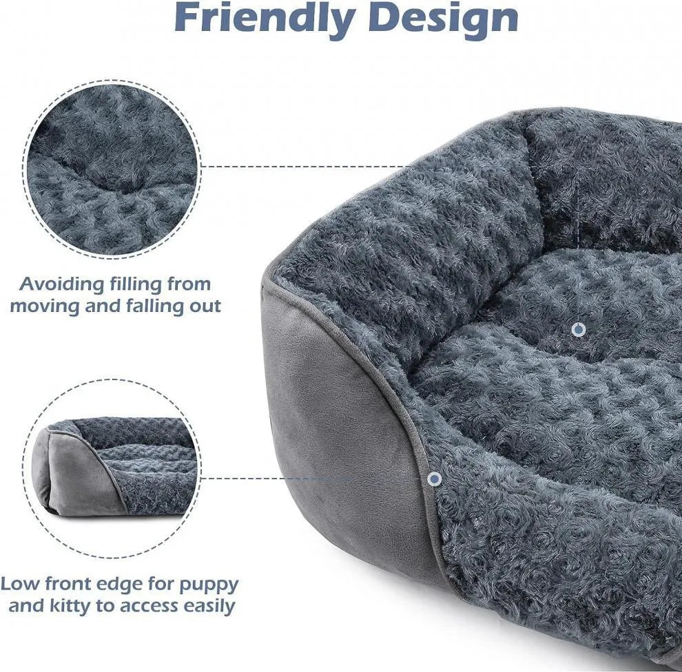 Beige faux fur dog bed with raised stuffed sides and a removable cover, shown in a large size.