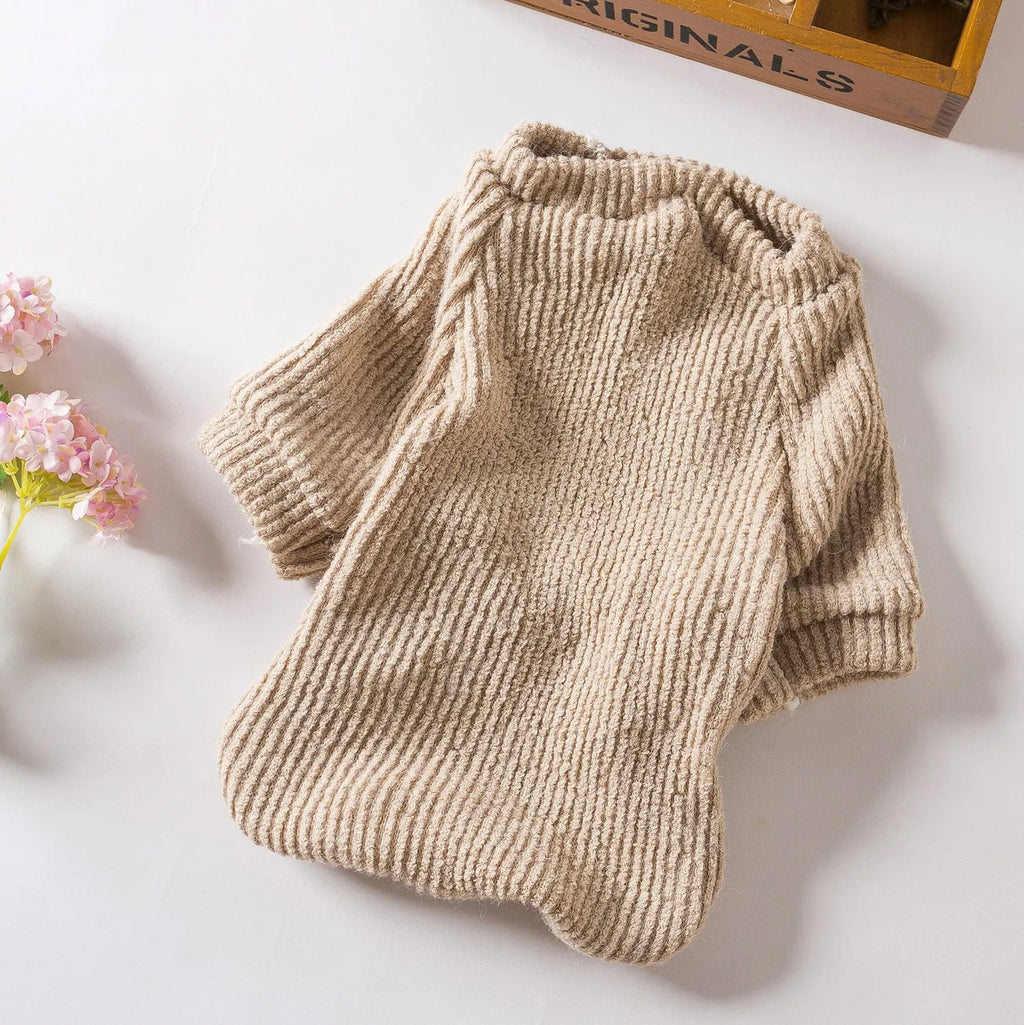 Brown cloth dog sweater pullover on a small breed dog.