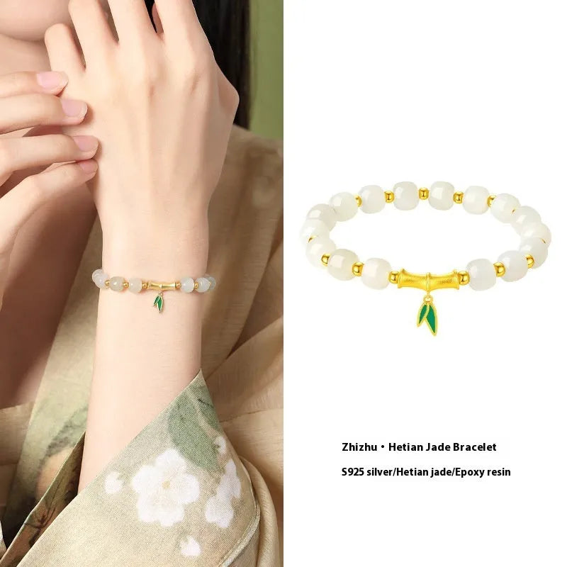 Women's S925 sterling silver bracelet with 6mm Hetian jade bamboo leaf beads in gold colour finish