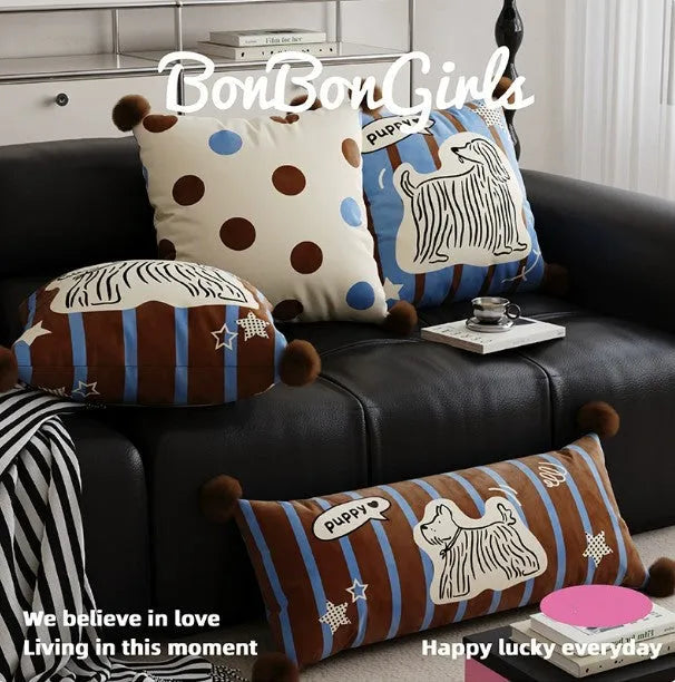 Cartoon anime animal print cushion pillow and pillowcase set in blue, brown, or white on a sofa.