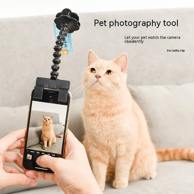 Pet photography tool clip for phone holding a treat to attract cat or dog attention, black plastic