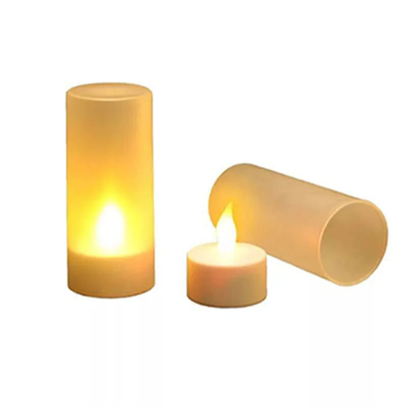White plastic USB rechargeable LED candle lamp with flame-shaped head on plastic cup