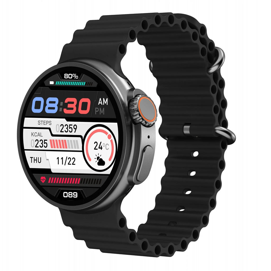 K9 smart watch in black with 1.39 inch round screen on silicone strap, showing fitness data interface.