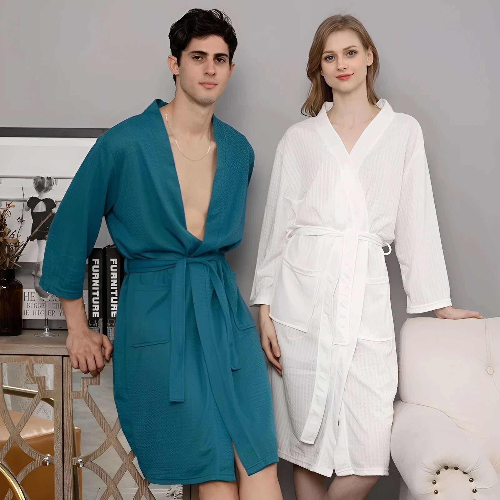 Unisex waffle bathrobe in Haze Blue for couples, 100% polyester loungewear