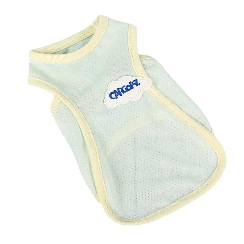 Grass green sleeveless vest for a cat, made from thin polyester fabric, on a white background.
