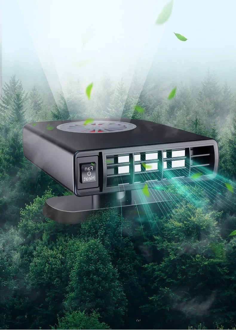 Compact black ABS plastic vehicle-mounted heater with adjustable vents on a car dashboard.