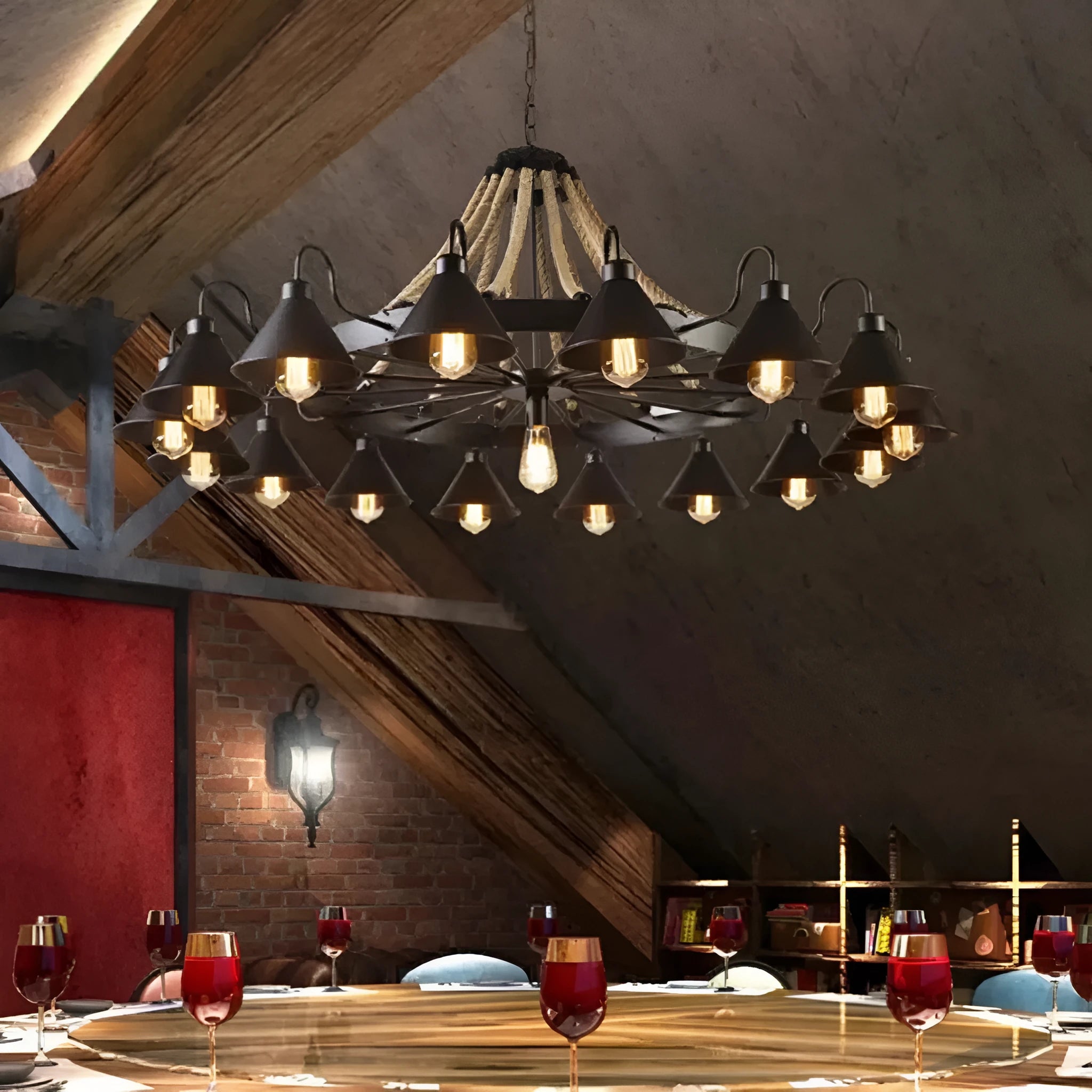Industrial iron ceiling lamp with hemp rope wrapping, 800mm size, for living room or restaurant