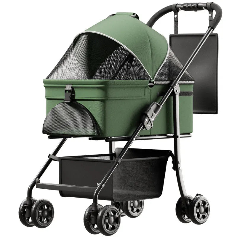 Black metal folding pet cart with removable pet car component