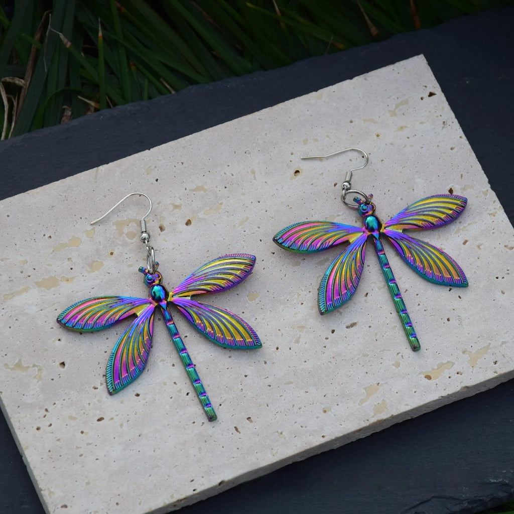 Colourful alloy rainbow dragonfly keychain with 60cm snake chain necklace and earrings set