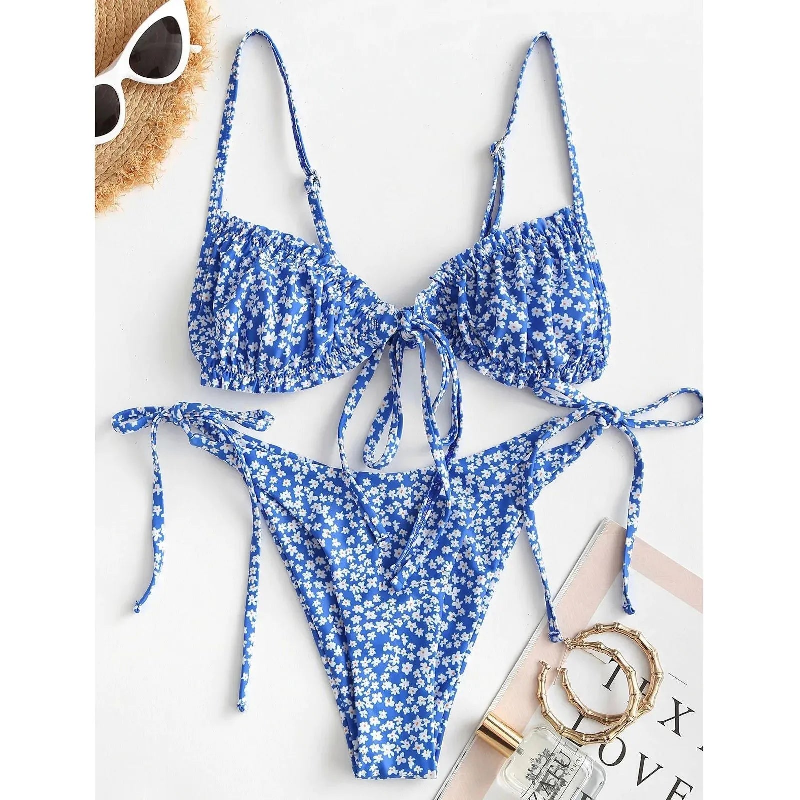 Blue printed women's bikini swimsuit with rope banding, lapel collar and short sleeves