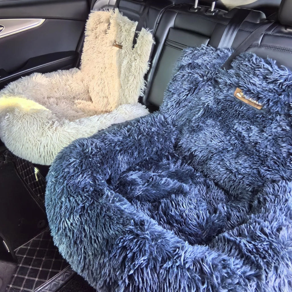 Dark grey thick cloth thermal pet mat shown on a car rear seat.