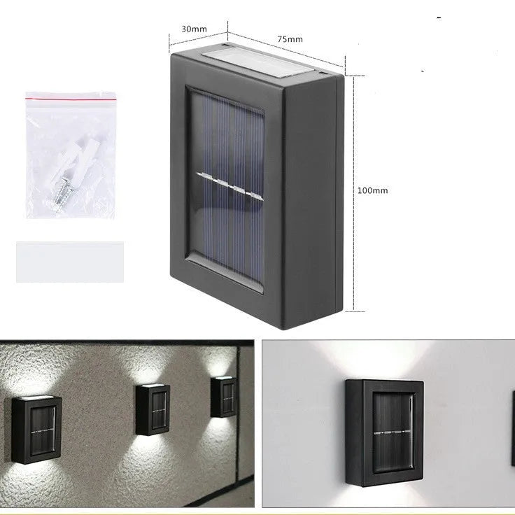 Solar-powered outdoor garden wall light in plastic or stainless steel with LED illumination