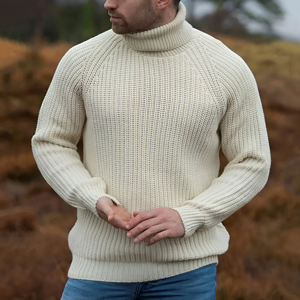 Beige loose fit turtleneck sweater for winter with long sleeves and acrylic fibre blend.