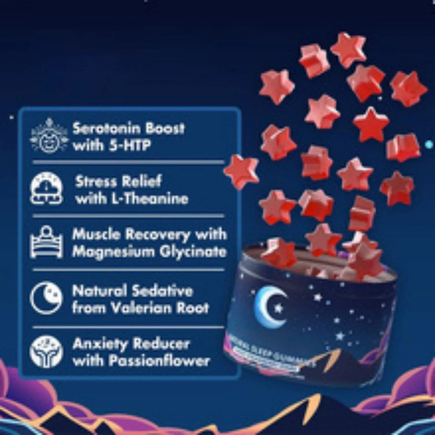 Bottle of 60 melatonin gummies sealed at room temperature for sleep support
