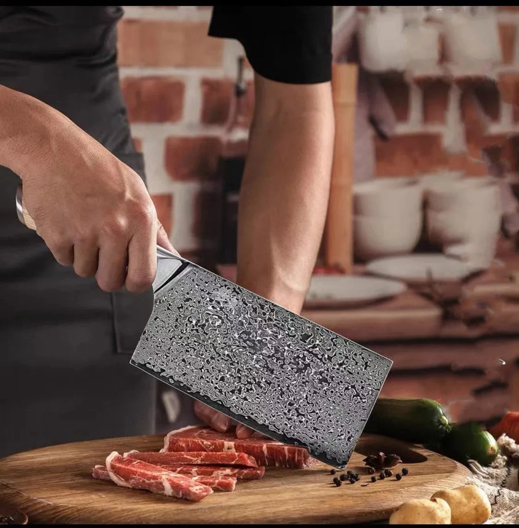 Damascus pattern kitchen knife set with V gold steel core showing 67-layer folded construction