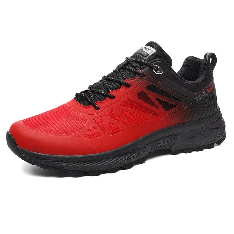 Men's plus-size outdoor running shoe in black with mesh upper and rubber sole, shown from the side.