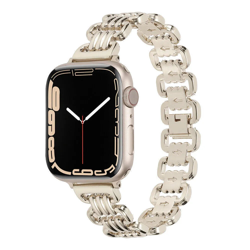 Silver alloy metal replacement bracelet strap for an Apple Watch on a wrist