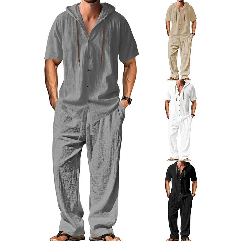 Men's two-piece cotton casual suit with long sleeves and trousers on a hanger
