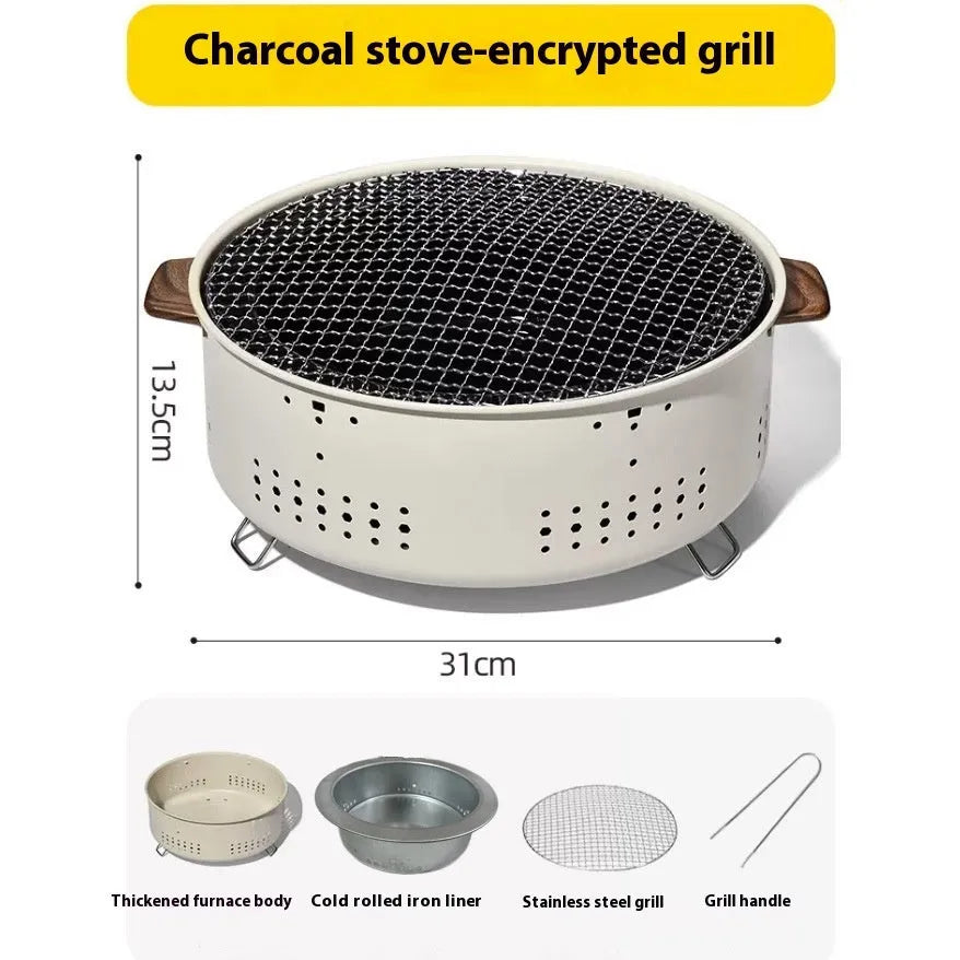 Modern indoor portable charcoal cooking stove with a detachable circular grill rack on top.