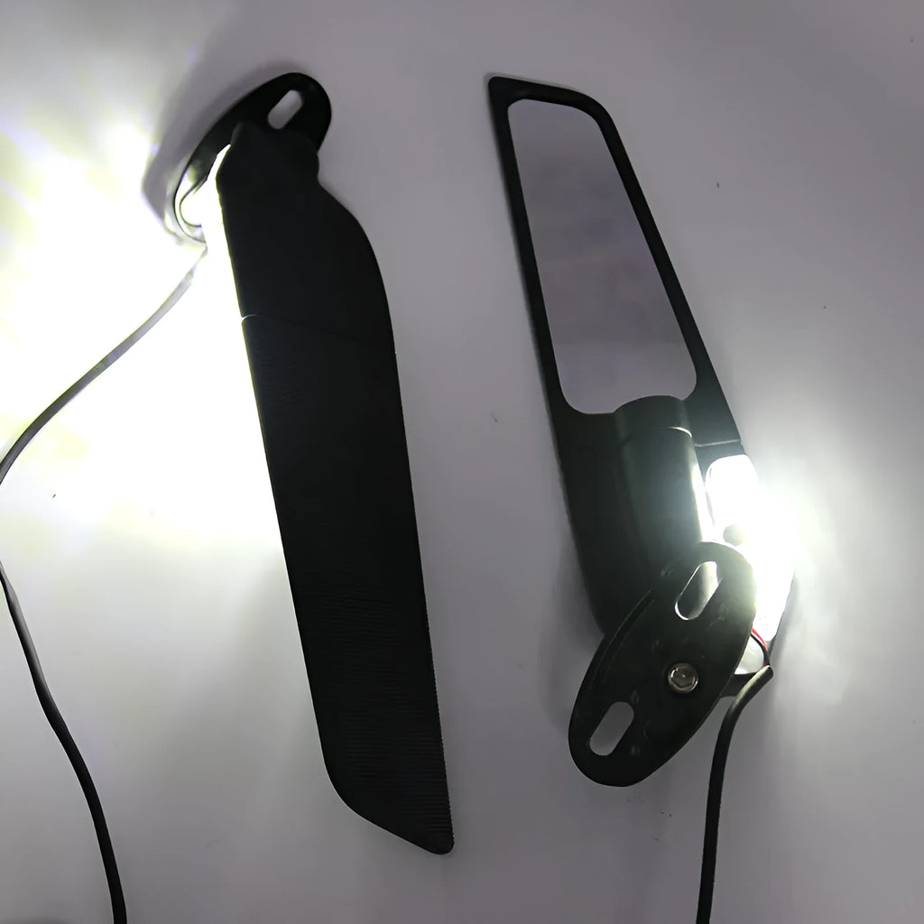 Pair of aluminium motorcycle rearview mirrors with convex lenses and integrated yellow running lights.