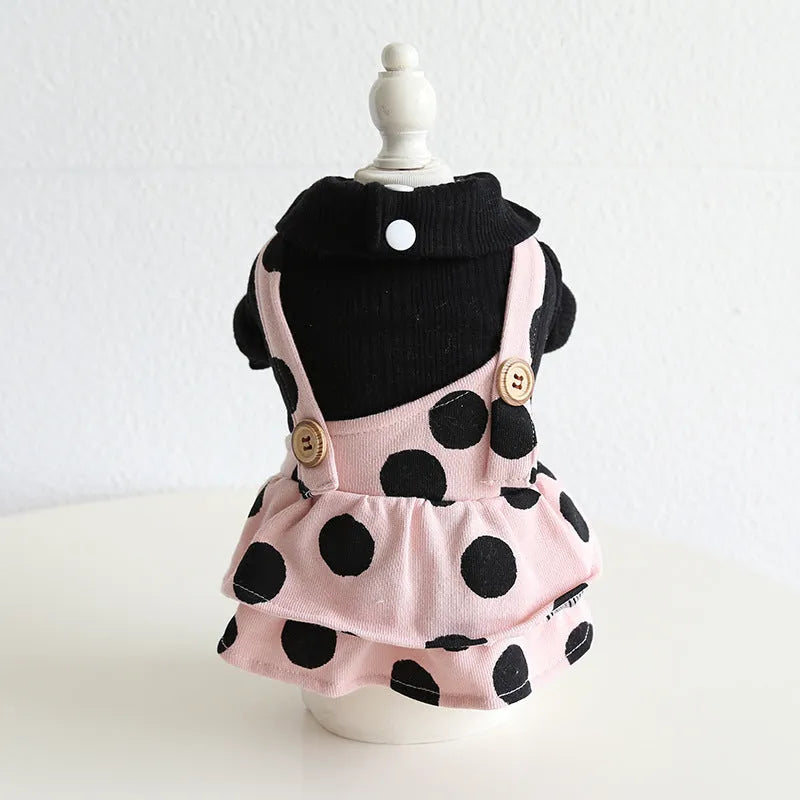 Dog wearing lapel shoulder strap couple outfit in casual cloth construction