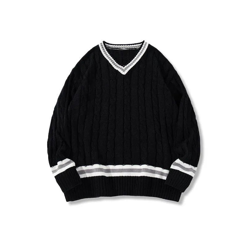 Mens preppy style acrylic V-neck pullover sweater in loose fit, available in four colours