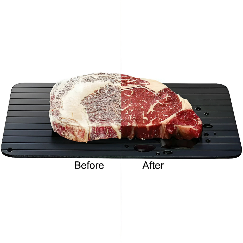 Black aluminium fast defrost tray for thawing frozen meat and food without electricity.